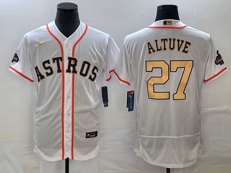 Men%27s Houston Astros #27 Jose Altuve 2023 White Gold World Serise Champions Patch Flex Base Stitched Jersey